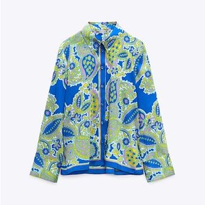 NWT ZARA Blue & Yellow Paisley Pattern Printed Satin Effect Button Down Shirt